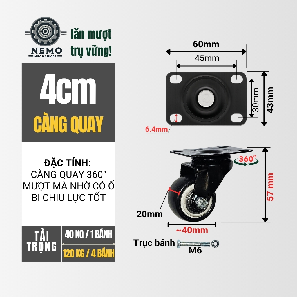 Bánh xe đẩy hàng đen trắng, mặt bích, có bạc đạn, đk bánh 4cm và 5cm, tải trọng 40-50kg/1bánh